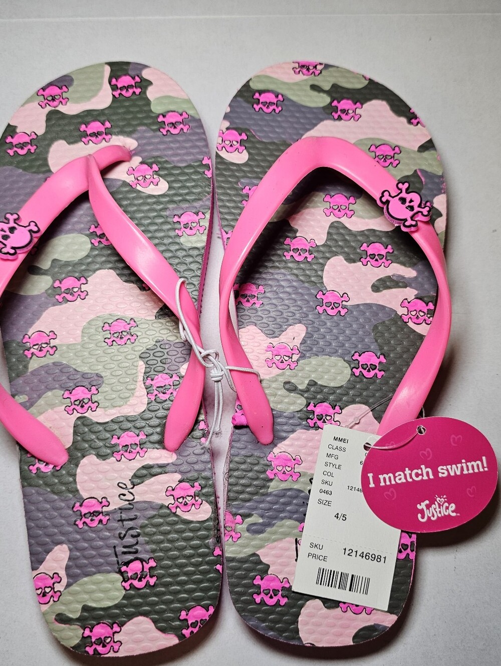 Justice Girl's Flip Flops Sandals Size 4/5 Camo Skull Pink Beach New